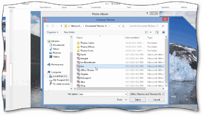 To select a theme for a photo album, display the Choose Theme dialog box and then tap or click the desired theme in the list, as shown in the acsampanying figure.