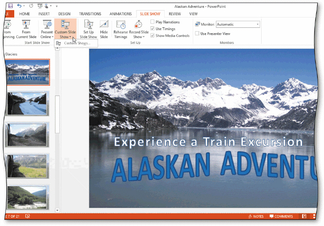 To create a custom slide show, display the SLIDE SHOW tab and then tap or click the _________________________ button to display the Custom Slide Show menu.