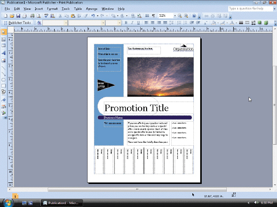 <strong> Figure 1 The Publisher ____ contains several elements similar to the document windows of other applications, as well as some elements unique to Publisher, as shown in the accompanying figure..</strong> A) page layout B) task pane C) workspace D) Standard toolbar