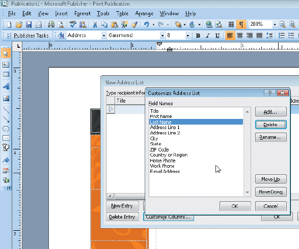 Figure 5-2 As shown in the accompanying figure, you can add a new column, rename a column, or move columns up and down to reposition fields in the desired order in the Customize Address List dialog box.
