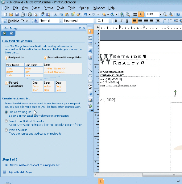 Figure 5-3 One way to associate a data source with a main publication is to type a new list of names and addresses as you setup the mail merge, as shown in the accompanying figure.