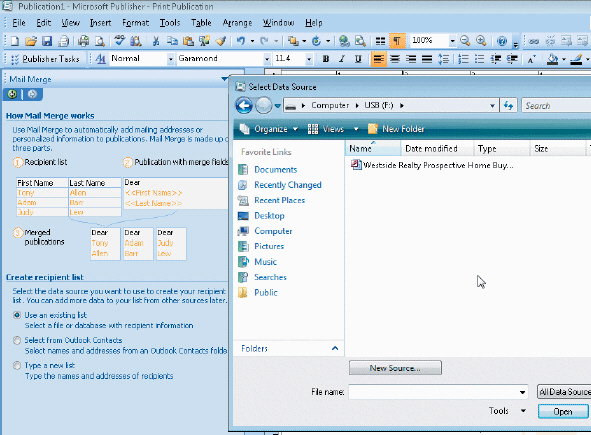 Figure 5-4 You can click the New Source button in the Select Data Source dialog box, as shown in the accompanying figure, to view a list of acceptable file types for a mail merge.