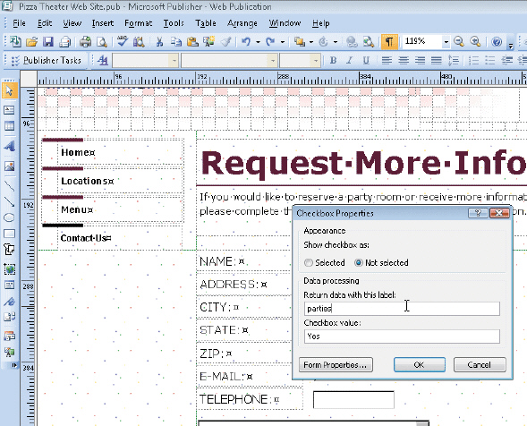 <strong> Figure 6-2 As shown in the accompanying figure, the ____ in the Checkbox Properties dialog box is used to display a check mark in the checkbox when Web site visitors first view the form.</strong> A) Selected option button B) Not selected option button C) Return data with this label text box D) Checkbox value text box