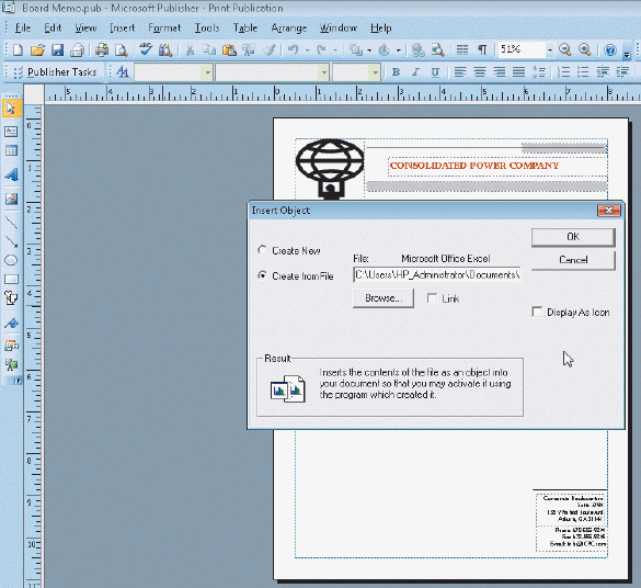 Figure 5 Using the accompanying figure, list the steps to open a publication and embed an Excel worksheet object.
