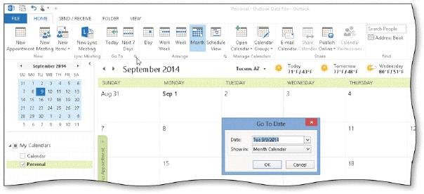 As shown in the acsampanying figure, to display a date that is not visible in the current view, one option is to use the Go to Date Dialog Box Launcher.