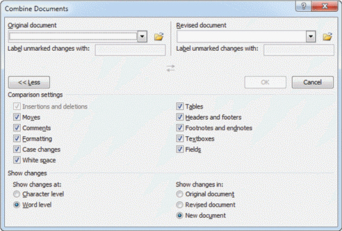 <strong>FIGURE WD 8-1 Referring to Figure WD 8-1 above, to open a dialog box and browse for documents, you would click the ____.</strong> A) the open folder icon to the right of the Original document box or Revised document box B) list arrow to the right of the Original document box or Revised document box C) either a. or b. D) neither a. nor b.