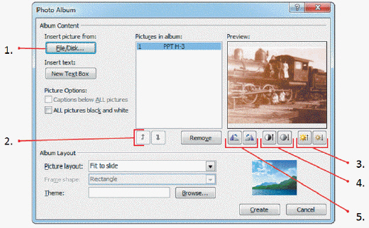 <strong> To open the dialog box shown in the accompanying figure, click the ____ tab on the Ribbon, click the Photo Album list arrow in the Images group, then click New Photo Album.</strong> A) Insert B) Home C) Design D) File