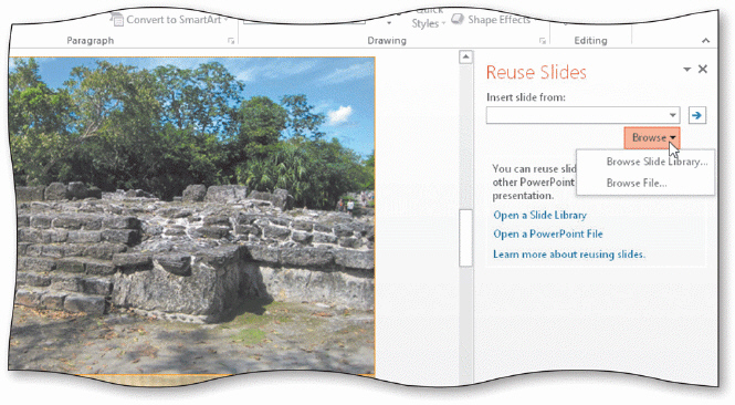 You can display the Reuse Slides task pane, shown in the accompanying figure, by clicking Reuse Slides on the Insert Slide button gallery.