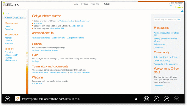   As shown in the accompanying figure, a team portal page is shown when you subscribe at https://portalmicrosoftonline.com.<div style=padding-top: 35px> 