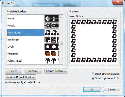 Referring to the accompanying figure, in order to change the size of the border you need to deselect the check box Always apply at default size.