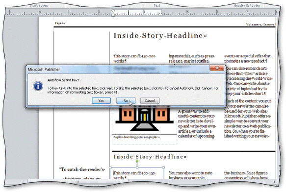 If a story contains more text than will fit in the default text box, you have the option of allowing Publisher to ____________________ the text to another available text box, as shown in the accompanying figure.