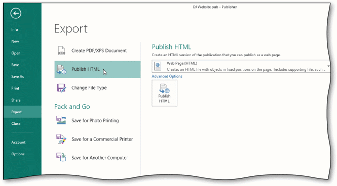 To publish a website, display the Backstage view, display the Export gallery, and then tap or click Publish HTML to display the Publish HTML options, as shown in the accompanying figure.