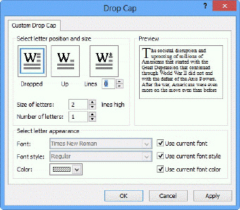 The accompanying figure shows the Drop Cap gallery.