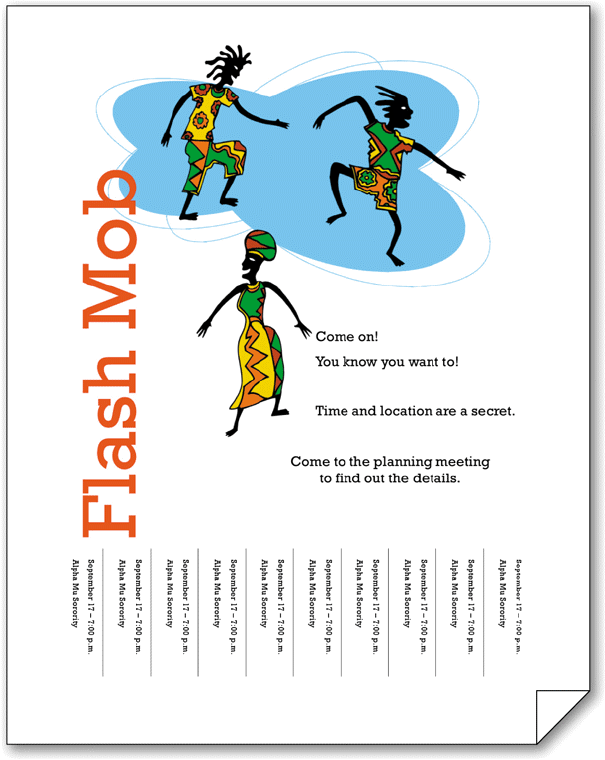 Using the accompanying figure, define and identify the following key flyer elements that help communicate the flyer's message to its target audience: graphic, Business Tagline or Motto, headline, and tear-offs.