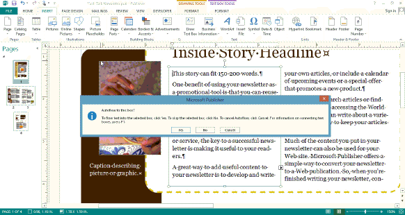 If a story contains more text than will fit in the default text box, you have the option of allowing Publisher to ____________________ the text to another available text box, as shown in the accompanying figure.