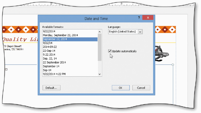 When you tap or click the Default button in the Date and Time dialog box, the current settings for date and time are chosen automatically every time you insert the date or time, as shown in the accompanying figure.