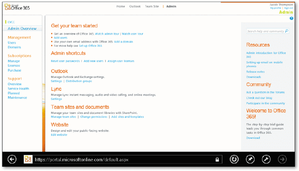   As shown in the accompanying figure, a team portal page is shown when you subscribe at https://portalmicrosoftonline.com.<div style=padding-top: 35px> 