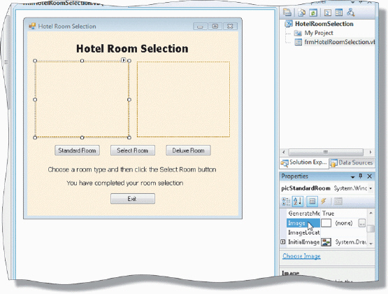 <strong> Figure 3-1 In the accompanying figure, clicking the Ellipsis button at the end of the Image property of the PictureBox object will display the ____ dialog box.</strong> A) Visuals B) Select Resource C) Graphics D) Objects