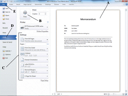 Match each labeled element of the Print tab with the statement that best describes it.