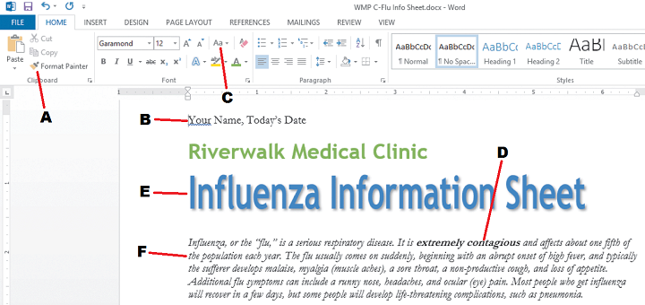 <strong> In the accompanying figure, what does label C refer to?</strong> A) Change Case button B) Font list arrow C) Font Size list arrow D) Text Effects button