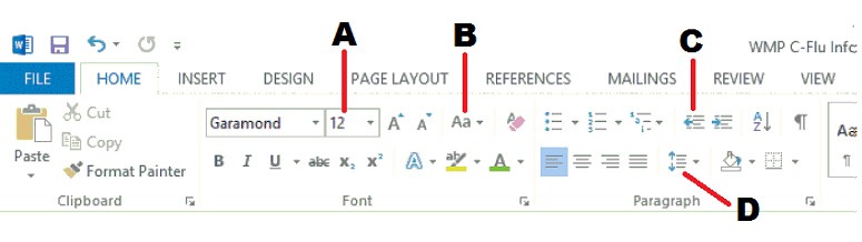 <strong> In the accompanying figure, which button is used to change the size of text?</strong> A) A B) B C) C D) D