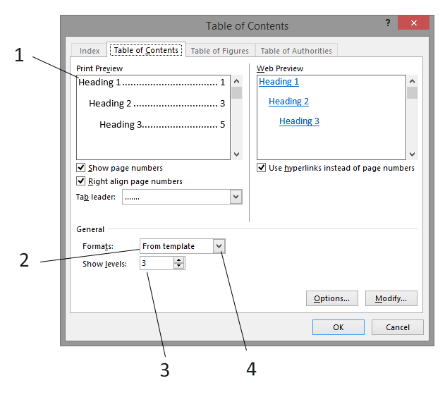 In the figure above, item 3 shows the number of heading levels that will be included in the table of contents.