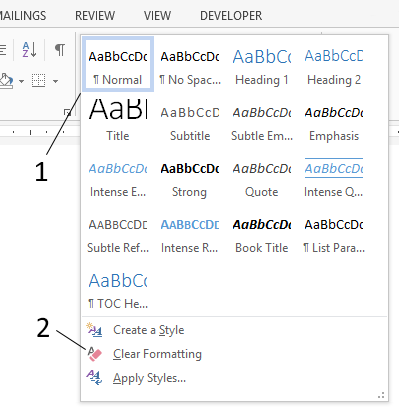 In the figure above, number 2 is used to open the Styles task pane.