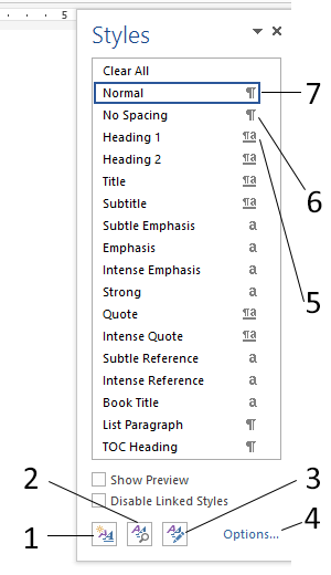 <strong> In the figure above, which number indicates a paragraph style?</strong> A) 1 B) 5 C) 6 D) 7