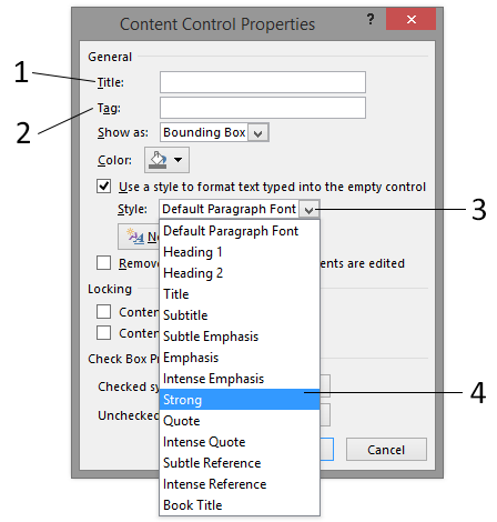 Item 2 in the above figure indicates the text that appears on each side of a content control when Design Mode is activated.