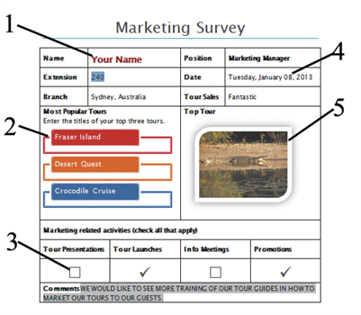 <strong> In the above figure, which item indicates a Building Block Gallery content control?</strong> A) 2 B) 3 C) 4 D) 5