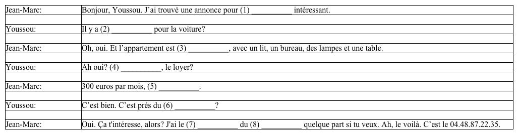 Une conversation avec Jean-Marc. Youssou is talking to his friend, Jean-Marc, who is planning to find a new apartment to rent. Complete their conversation with the appropriate vocabulary words. A list of words has been provided for you. (1)