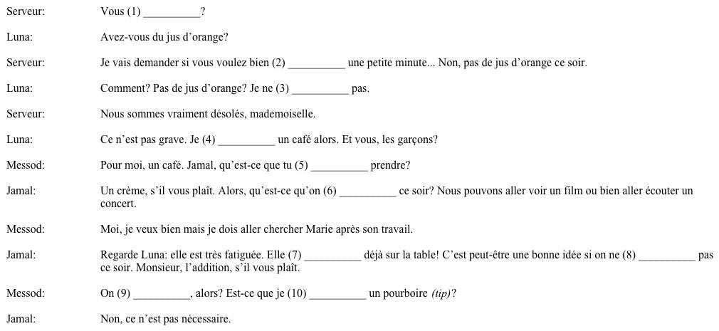 La commande. Messod, Jamal, and Luna are sitting in a café waiting for Fatma to join them. As they place their orders, fill in the blanks with the appropriate form of the verb that makes sense in the context of the dialogue. A list of verbs is given below.