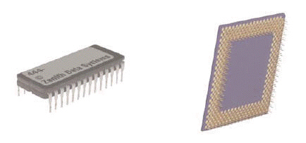 <strong> The figure above represents two types of chip carriers. The one on the right is a ____.</strong> A) PGA B) DIP C) PID D) GAP