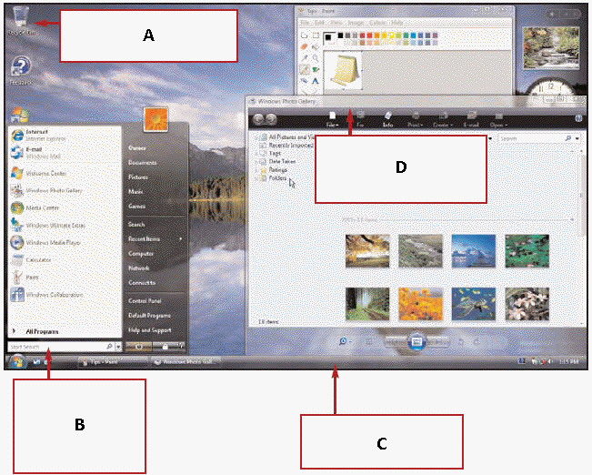 <strong> In the figure above, Box D points to ____.</strong> A) an icon B) the Start menu C) the taskbar D) a window