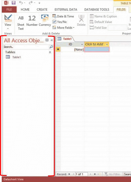 <strong> In the accompanying figure, the red brackets designate which element of the Access 2013 window?</strong> A) Navigation Pane B) Shutter Bar Open/Close button C) Navigation Bar D) datasheet window