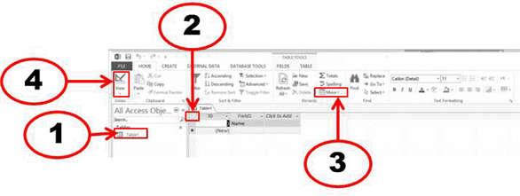 <strong> In the accompanying figure, which number corresponds to the datasheet selector which selects all records in a table?</strong> A) 1 B) 2 C) 3 D) 4