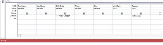 <strong> Based on the criterion for the BirthDate field in the image above, the query will return all patients with a birth date ____.</strong> A) on or after 12/31/1956 B) after 12/31/1956 C) before 12/31/1956 D) on or before 12/31/1956