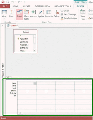 In the accompanying figure, the ____________________ of the Query window in Design View is outlined.