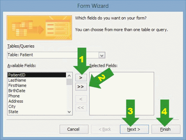 <strong> In the accompanying figure, which numbered arrow indicates the button that moves the Form Wizard to the second dialog box where a form layout may be chosen.</strong> A) 1 B) 2 C) 3 D) 4