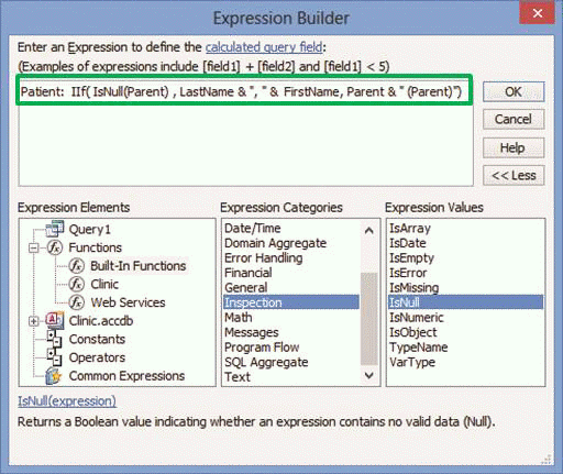 <strong> In the accompanying figure, which of the following is the truepart of the calculated expression?</strong> A) Patient: B) IsNull(Parent) C) LastName & , & FirstName D) Parent & (Parent)