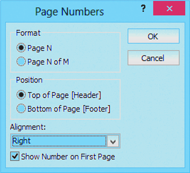 <strong> In the accompanying figure, the page number control is set to display the page number in which manner?</strong> A) left aligned B) right aligned C) center aligned D) outside alignment