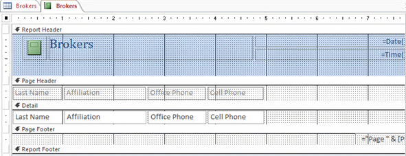 <strong> In the accompanying figure, which report section contains the data for the column Affiliation?</strong> A) Page Header B) Page Footer C) Detail D) Report Header
