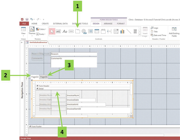 <strong> In the accompanying figure, arrow number 3 points to the ____.</strong> A) tab for the first page of the tab control B) Tab Control tool C) tab for the second tab of the tab control D) a subform with a tab control