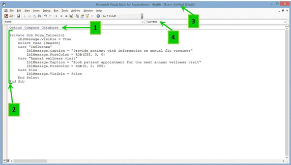 <strong> In the accompanying figure, arrow number one indicates which element of the Code window in the Visual Basic window?</strong> A) Object box B) statement in the Declarations section C) Sub procedure for the form's current event D) Procedure box