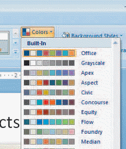 It is safer to select a built-in theme color like those shown in the accompanying figure and stick to it or make only minor modifications.