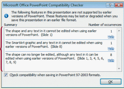 To check for features not supported by previous versions of PowerPoint using the dialog box in the accompanying figure click the Office Button point to Prepare and then click Compare to Previous .