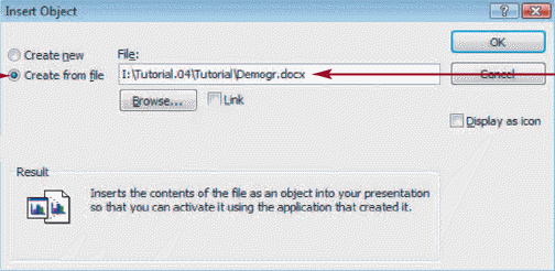 <strong> To ____ a Word file into a presentation click the Create from file option button in the accompanying figure.</strong> A)embed B)link C)append D)import