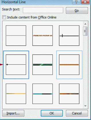 If you use the dialog box in the accompanying figure to insert a horizontal line and then decide you do not like it you can remove it by clicking the line and then pressing the ____ key.
