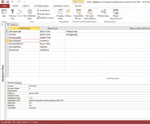 <strong> In the accompanying figure, which field property will appear on the screen if the user enters the value 5 in the InvoiceAmt field in datasheet view?</strong> A) Decimal Places B) Validation Rule C) Default Value D) Validation Text