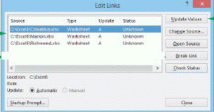 <strong> Click the button marked ____ in the accompanying figure to replace the link to a source file with the current values for the linked cells.</strong> A) Break Link B) Update Values C) Check Status D) Change Source